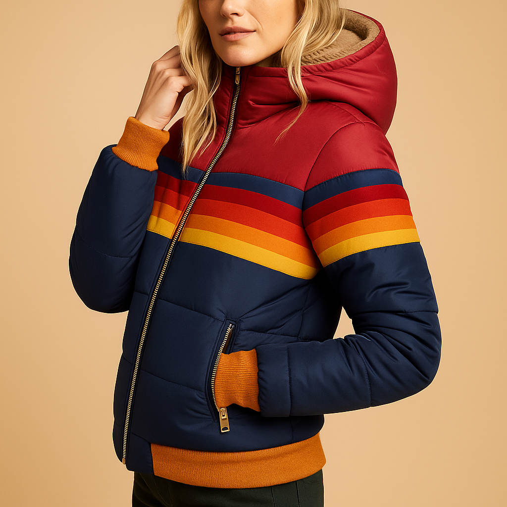 Warm women’s winter coat with hood and insulating lining, designed for comfort and style, available in vibrant seasonal shades.