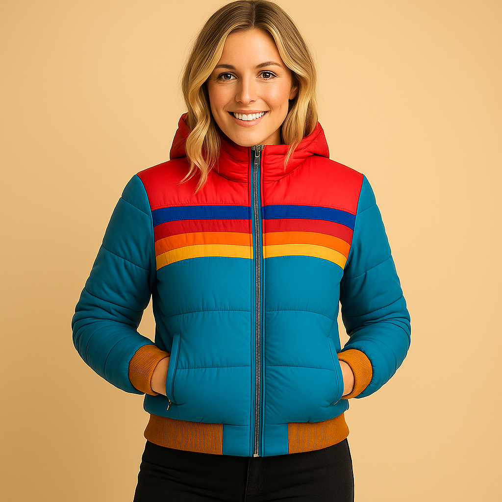 Warm women’s winter coat with hood and insulating lining, designed for comfort and style, available in vibrant seasonal shades.