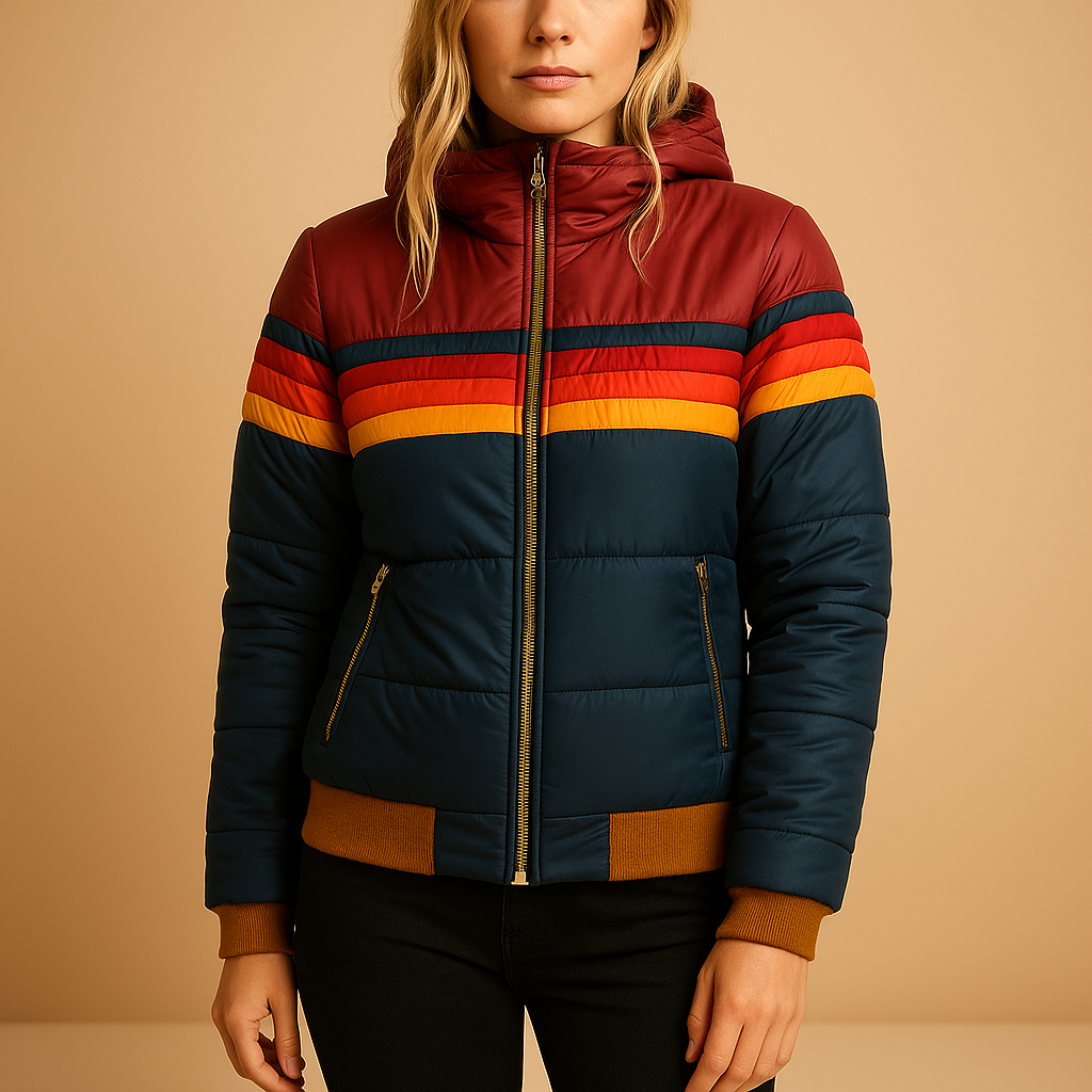 Warm women’s winter coat with hood and insulating lining, designed for comfort and style, available in vibrant seasonal shades.