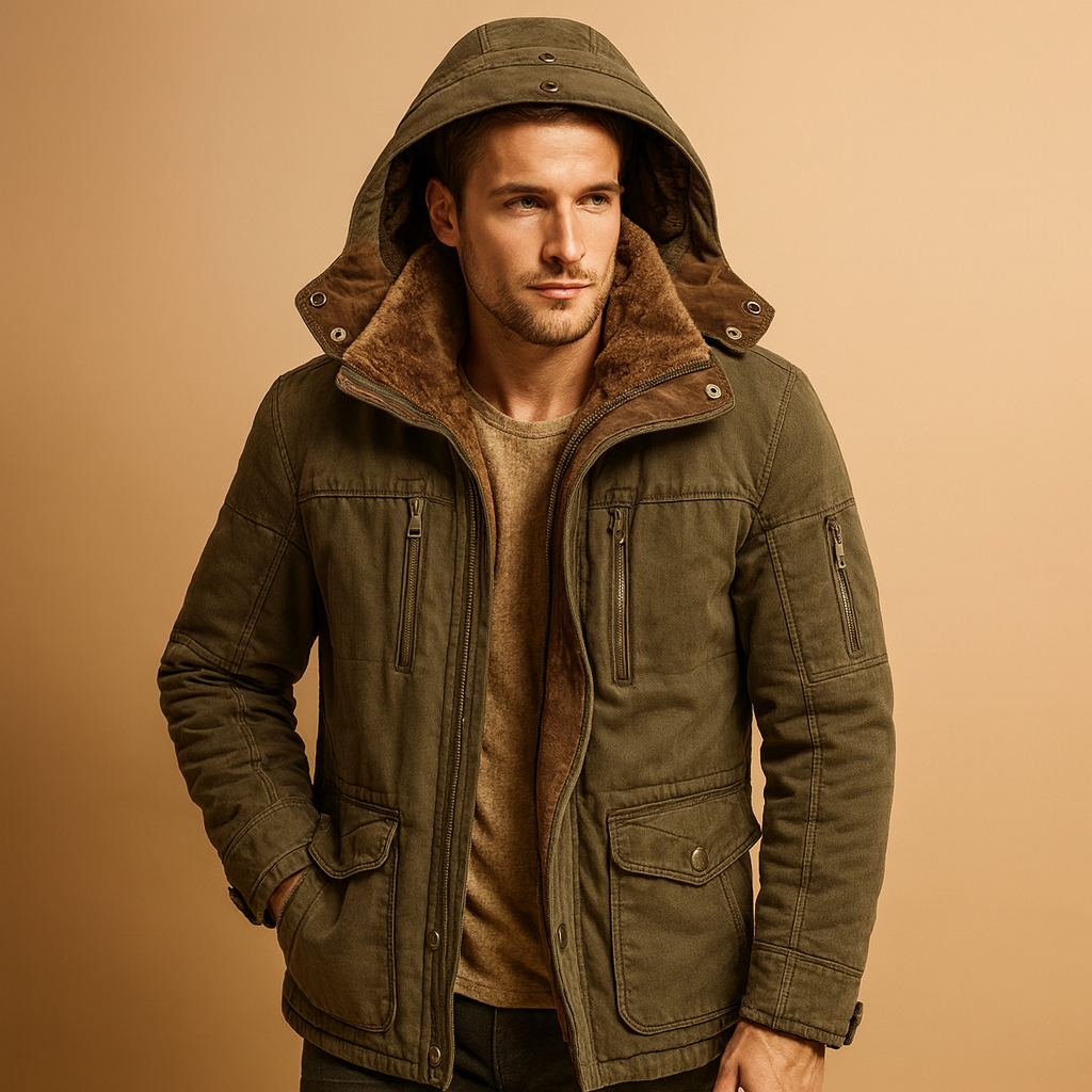Men’s warm winter jacket with hood and thick lining, perfect for cold weather, outdoor activities, and everyday wear.
