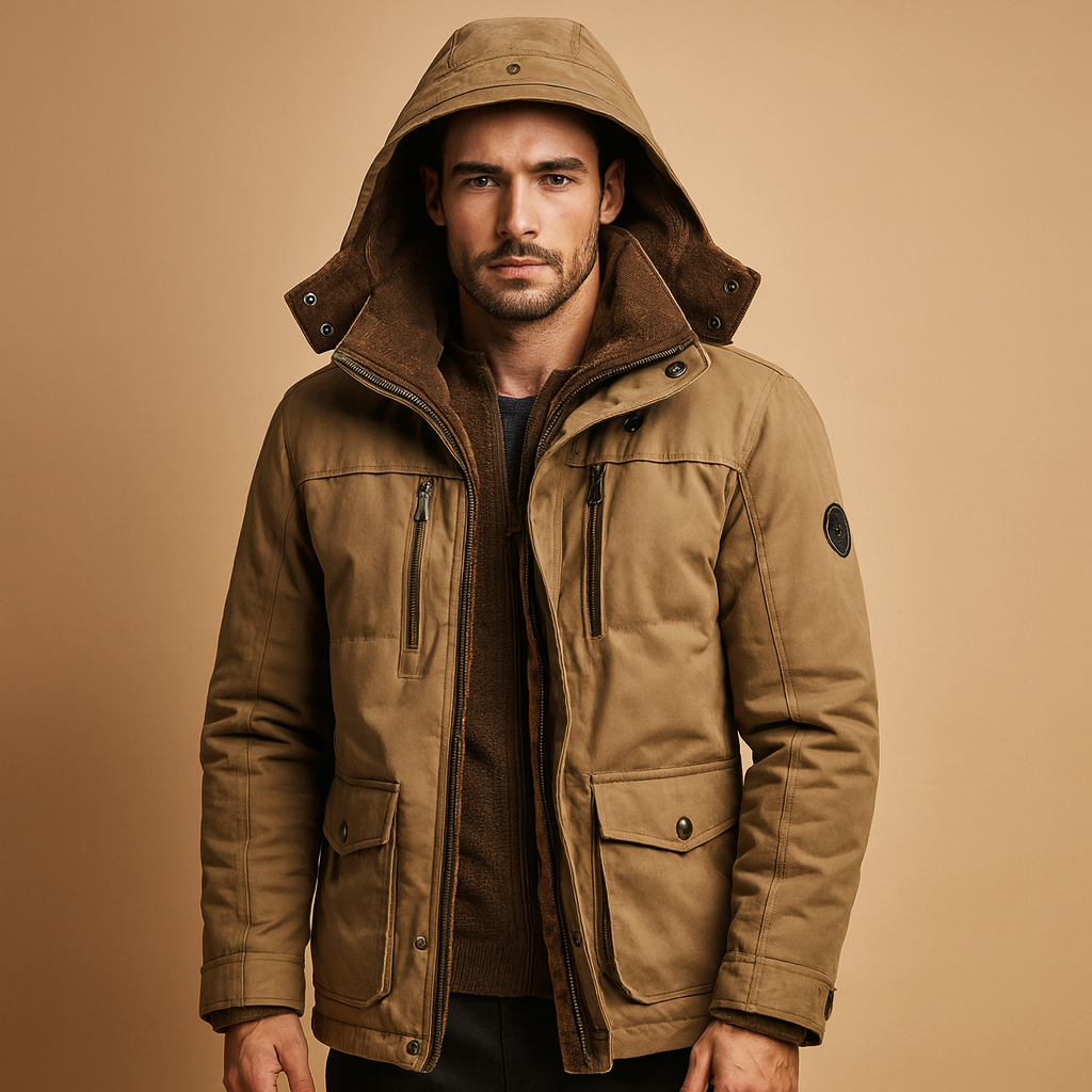 Men’s warm winter jacket with hood and thick lining, perfect for cold weather, outdoor activities, and everyday wear.