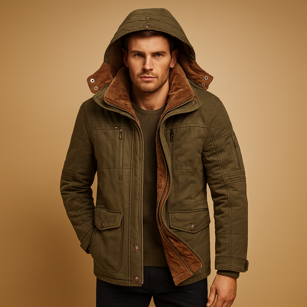 Men’s warm winter jacket with hood and thick lining, perfect for cold weather, outdoor activities, and everyday wear.