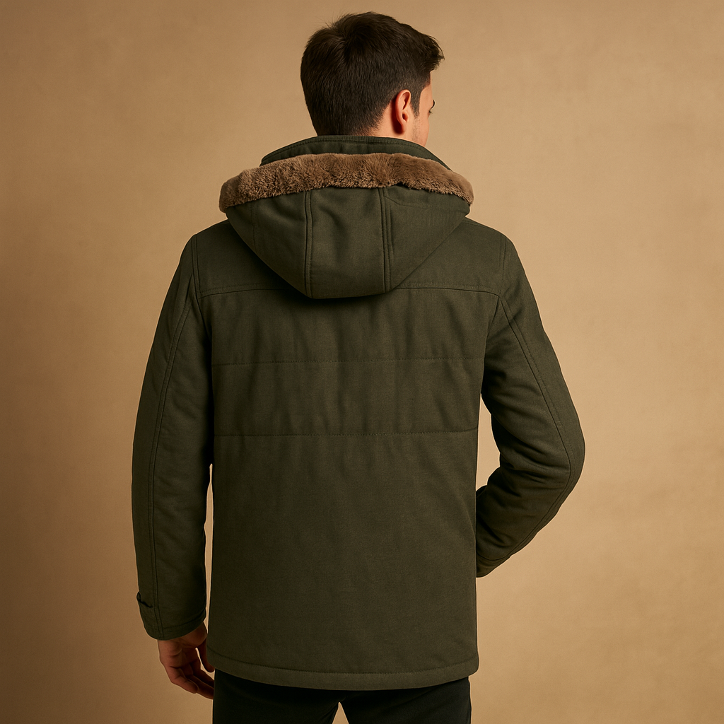 Men’s warm winter jacket with hood and thick lining, perfect for cold weather, outdoor activities, and everyday wear.