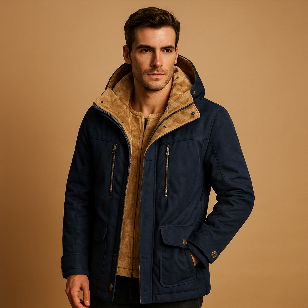 Men’s warm winter jacket with hood and thick lining, perfect for cold weather, outdoor activities, and everyday wear.