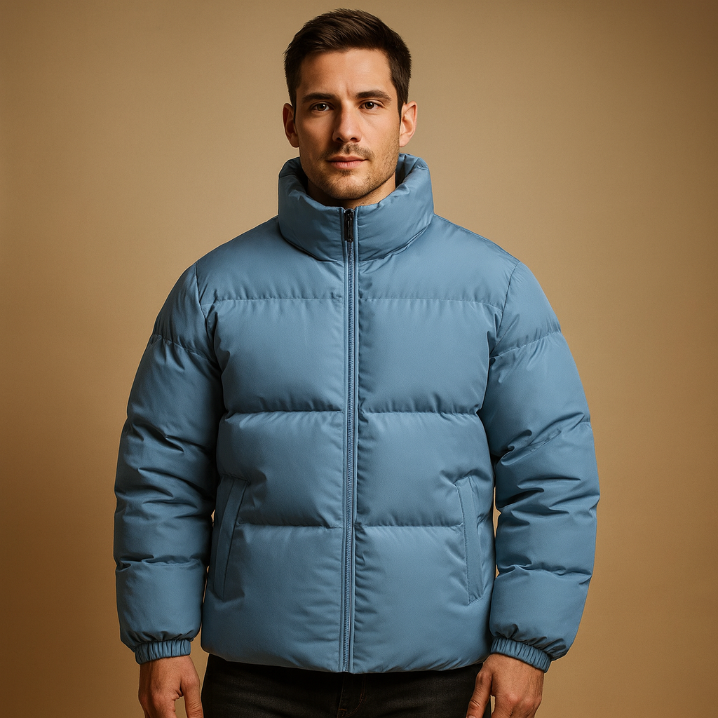 Men’s warm winter jacket with high collar and premium insulation, perfect for cold weather and stylish winter outings.