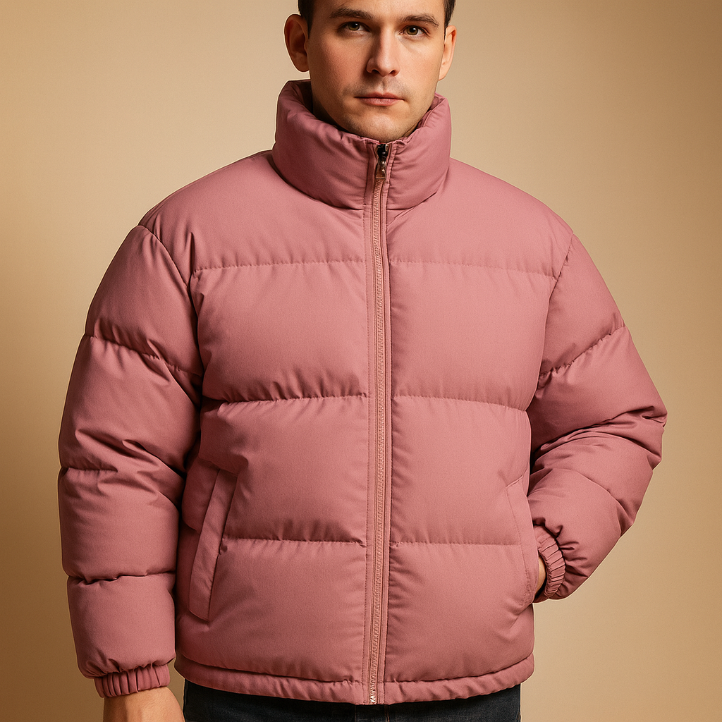 Men’s warm winter jacket with high collar and premium insulation, perfect for cold weather and stylish winter outings.