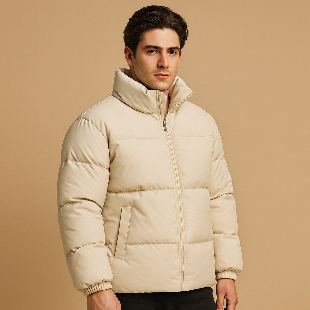 Men’s warm winter jacket with high collar and premium insulation, perfect for cold weather and stylish winter outings.