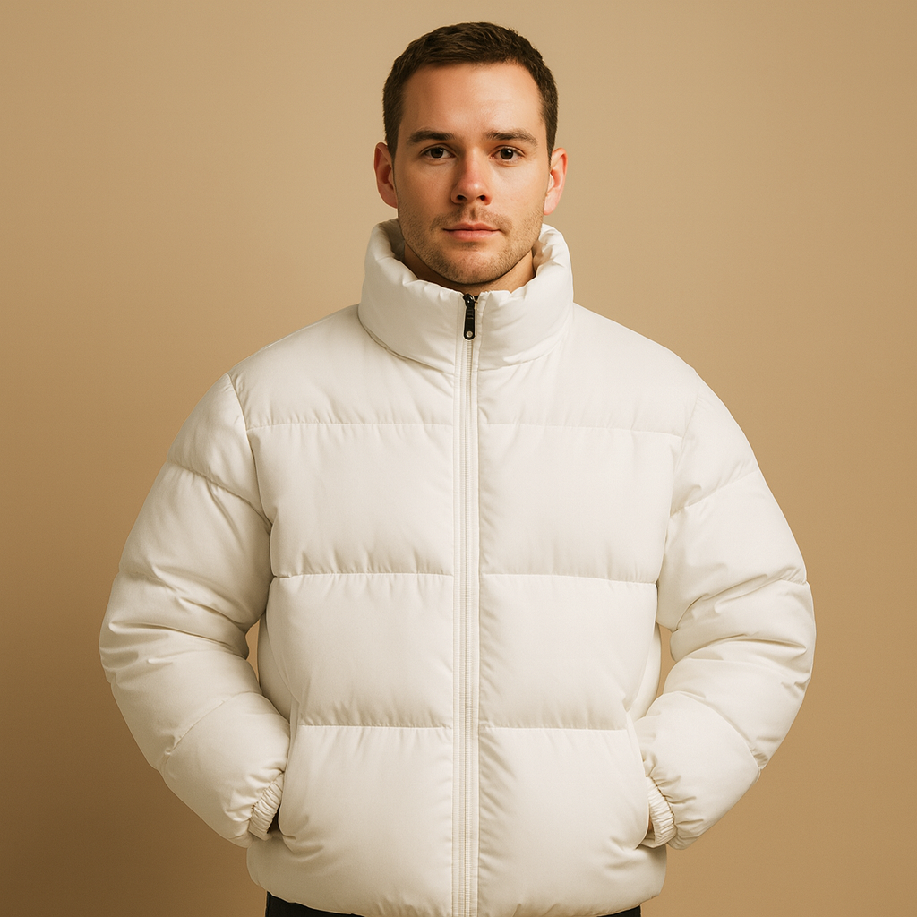 Men’s warm winter jacket with high collar and premium insulation, perfect for cold weather and stylish winter outings.