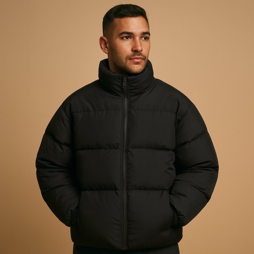 Men’s warm winter jacket with high collar and premium insulation, perfect for cold weather and stylish winter outings.