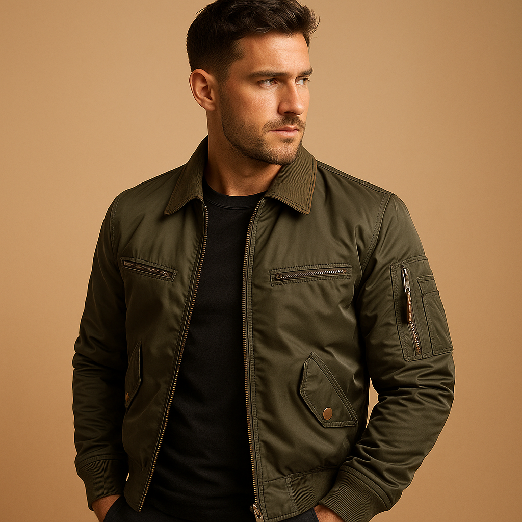 Men’s water-repellent bomber jacket with modern fit, light padding, and zip closure, ideal for casual or semi-formal wear.