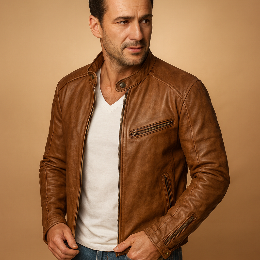 Men’s waterproof biker jacket with zip closure, fitted design, and breathable protection for autumn, winter, and rainy days.