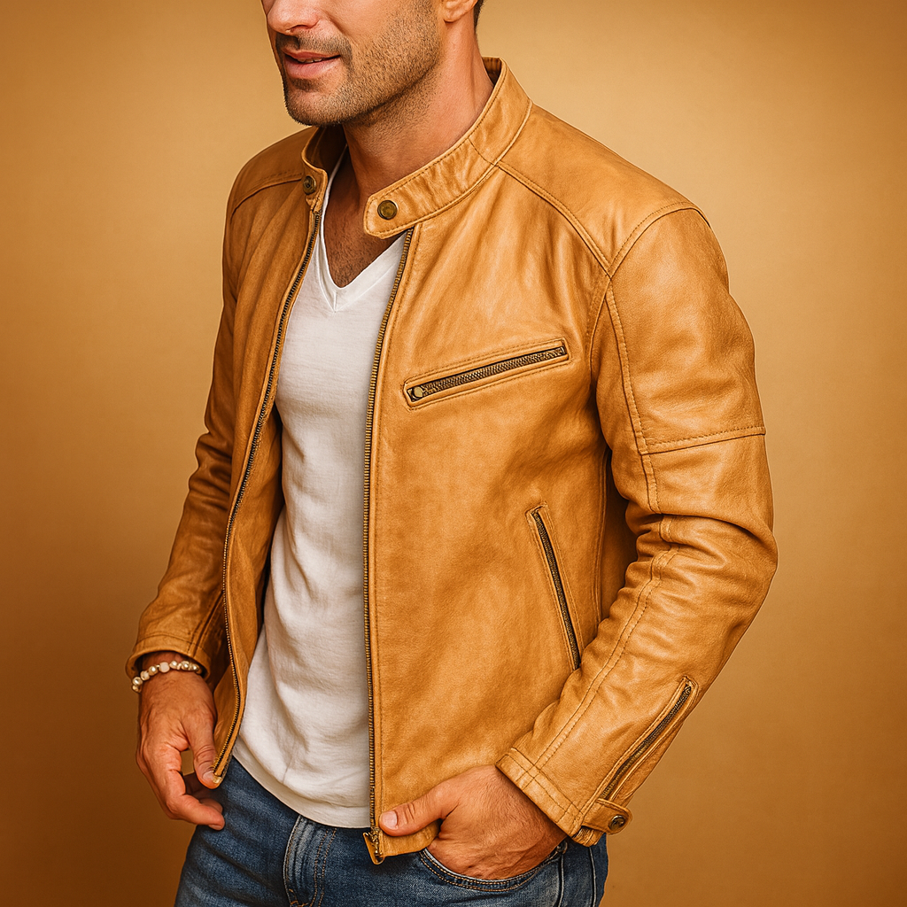 Men’s waterproof biker jacket with zip closure, fitted design, and breathable protection for autumn, winter, and rainy days.