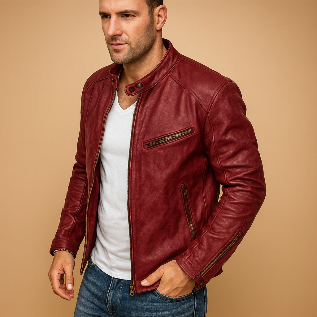 Men’s waterproof biker jacket with zip closure, fitted design, and breathable protection for autumn, winter, and rainy days.