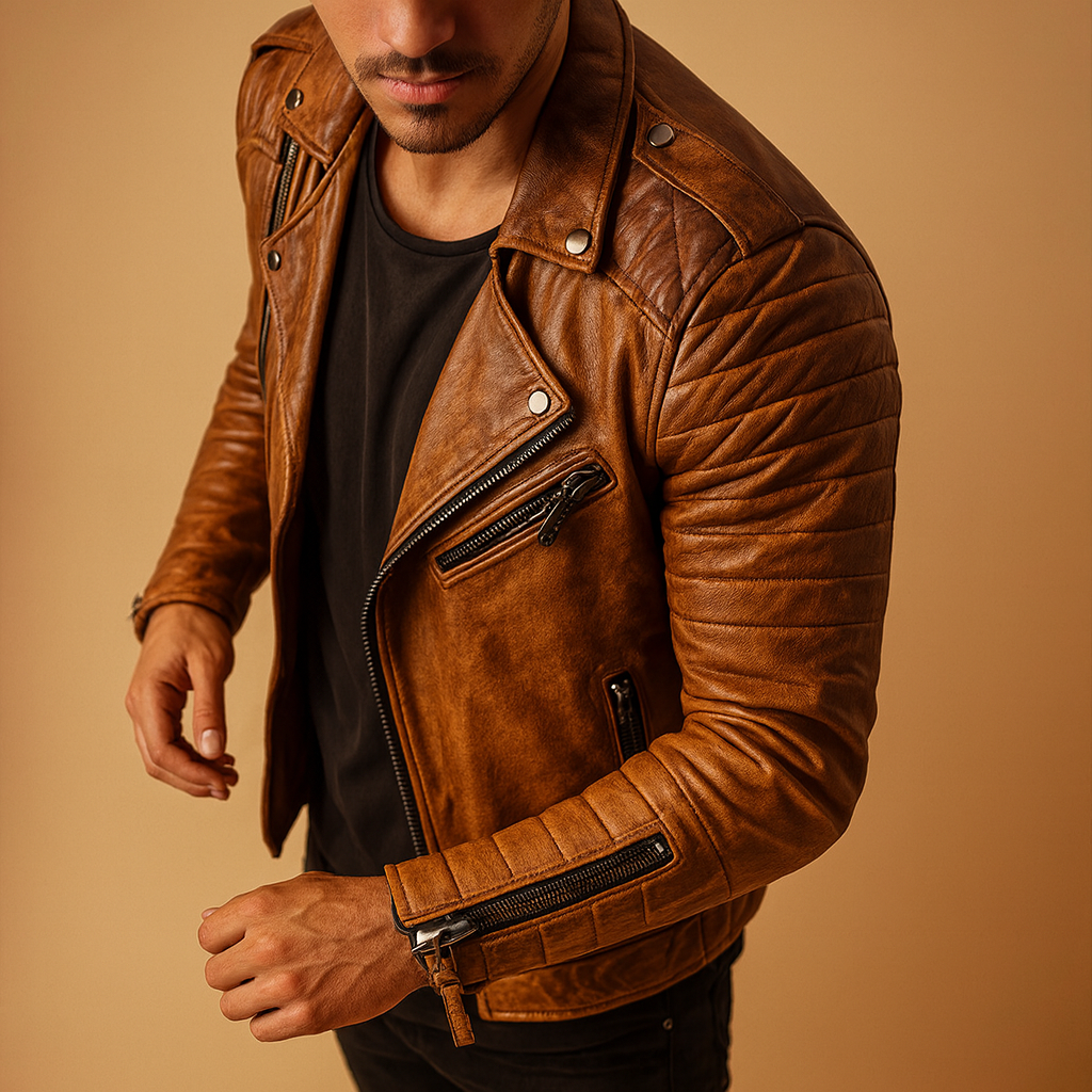 Men’s waterproof biker jacket with soft inner lining and modern design, ideal for cold, windy, and rainy weather.