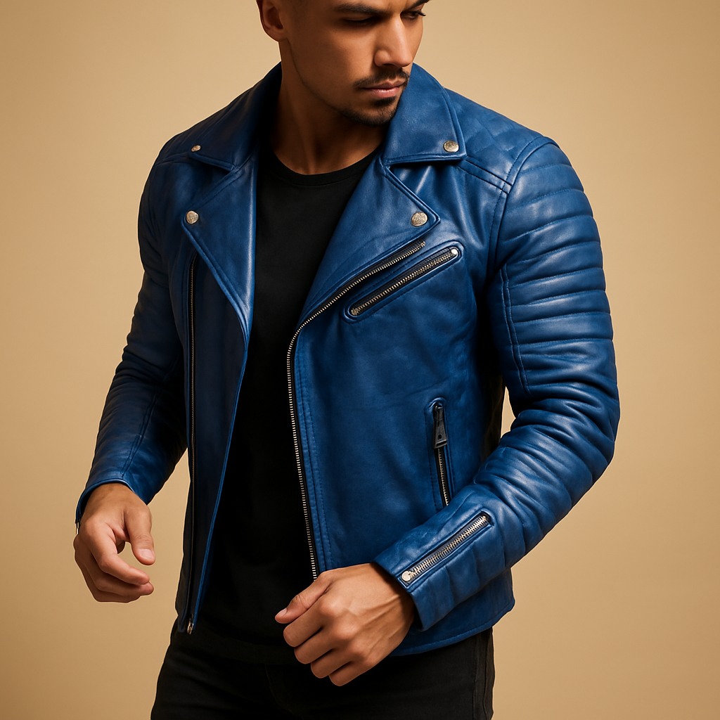 Men’s waterproof biker jacket with soft inner lining and modern design, ideal for cold, windy, and rainy weather.