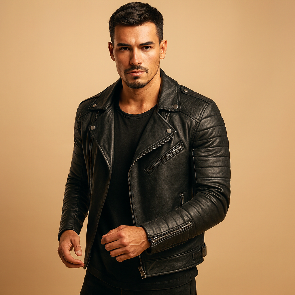 Men’s waterproof biker jacket with soft inner lining and modern design, ideal for cold, windy, and rainy weather.