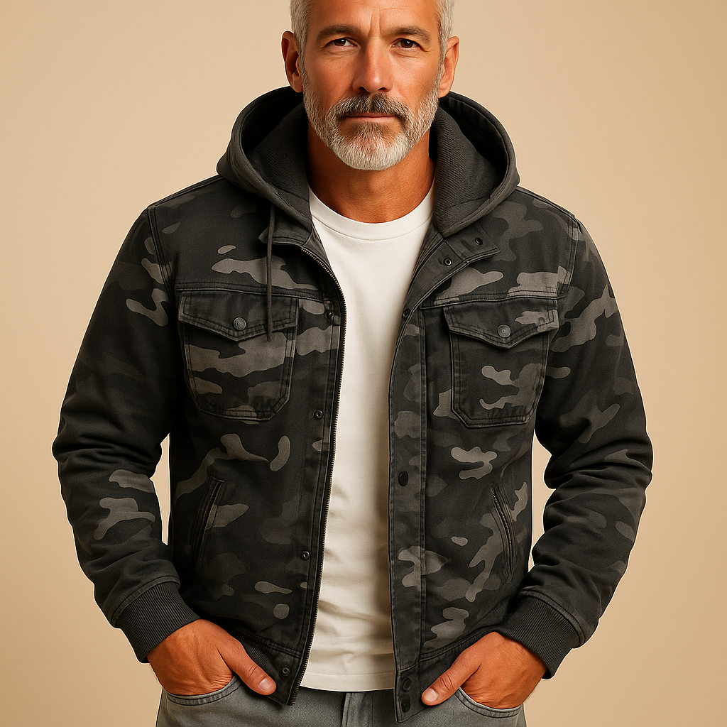 Men’s waterproof camouflage jacket with adjustable cuffs and deep pockets, perfect for outdoor adventures and everyday wear.