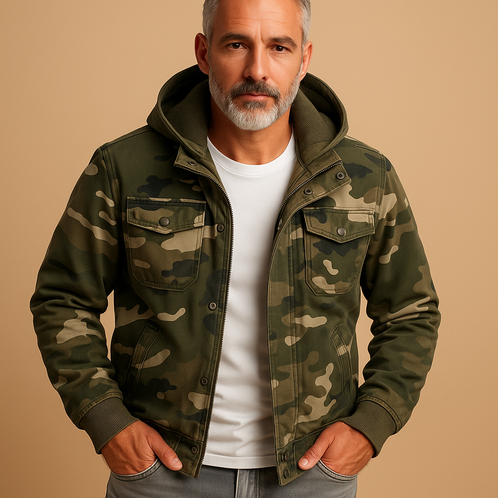 Men’s waterproof camouflage jacket with adjustable cuffs and deep pockets, perfect for outdoor adventures and everyday wear.