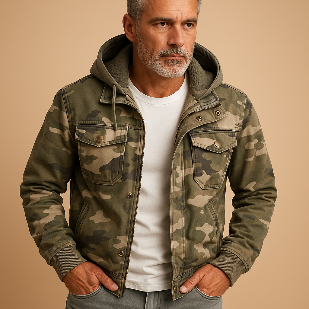 Men’s waterproof camouflage jacket with adjustable cuffs and deep pockets, perfect for outdoor adventures and everyday wear.