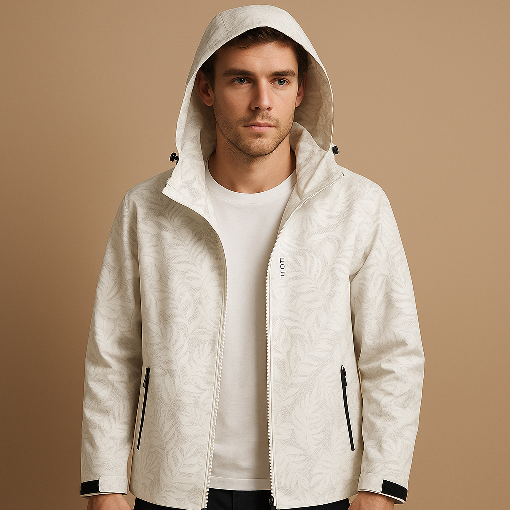 Men’s waterproof outdoor jacket with subtle leaf pattern, adjustable hood, and zippered pockets for everyday and outdoor wear.
