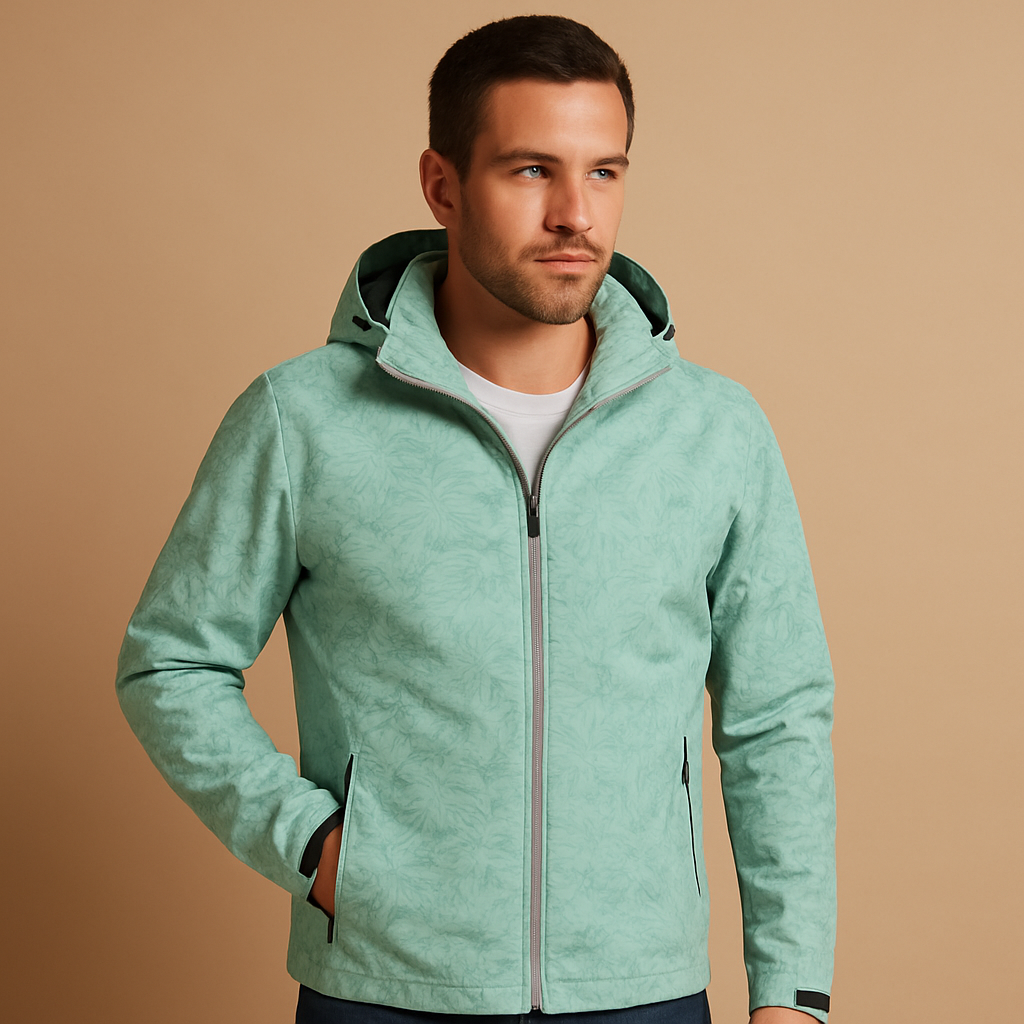 Men’s waterproof outdoor jacket with subtle leaf pattern, adjustable hood, and zippered pockets for everyday and outdoor wear.