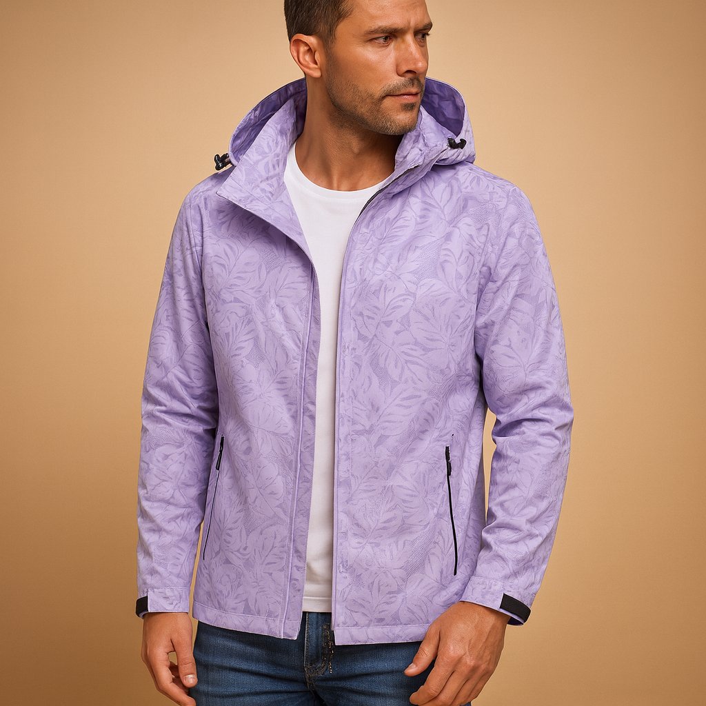 Men’s waterproof outdoor jacket with subtle leaf pattern, adjustable hood, and zippered pockets for everyday and outdoor wear.
