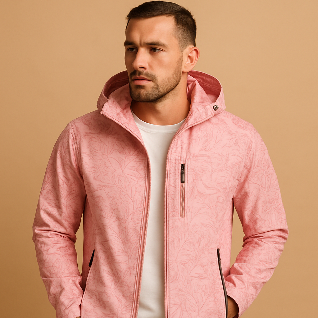 Men’s waterproof outdoor jacket with subtle leaf pattern, adjustable hood, and zippered pockets for everyday and outdoor wear.