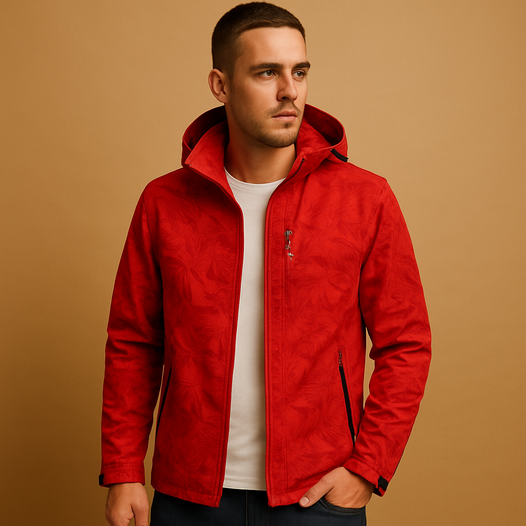 Men’s waterproof outdoor jacket with subtle leaf pattern, adjustable hood, and zippered pockets for everyday and outdoor wear.
