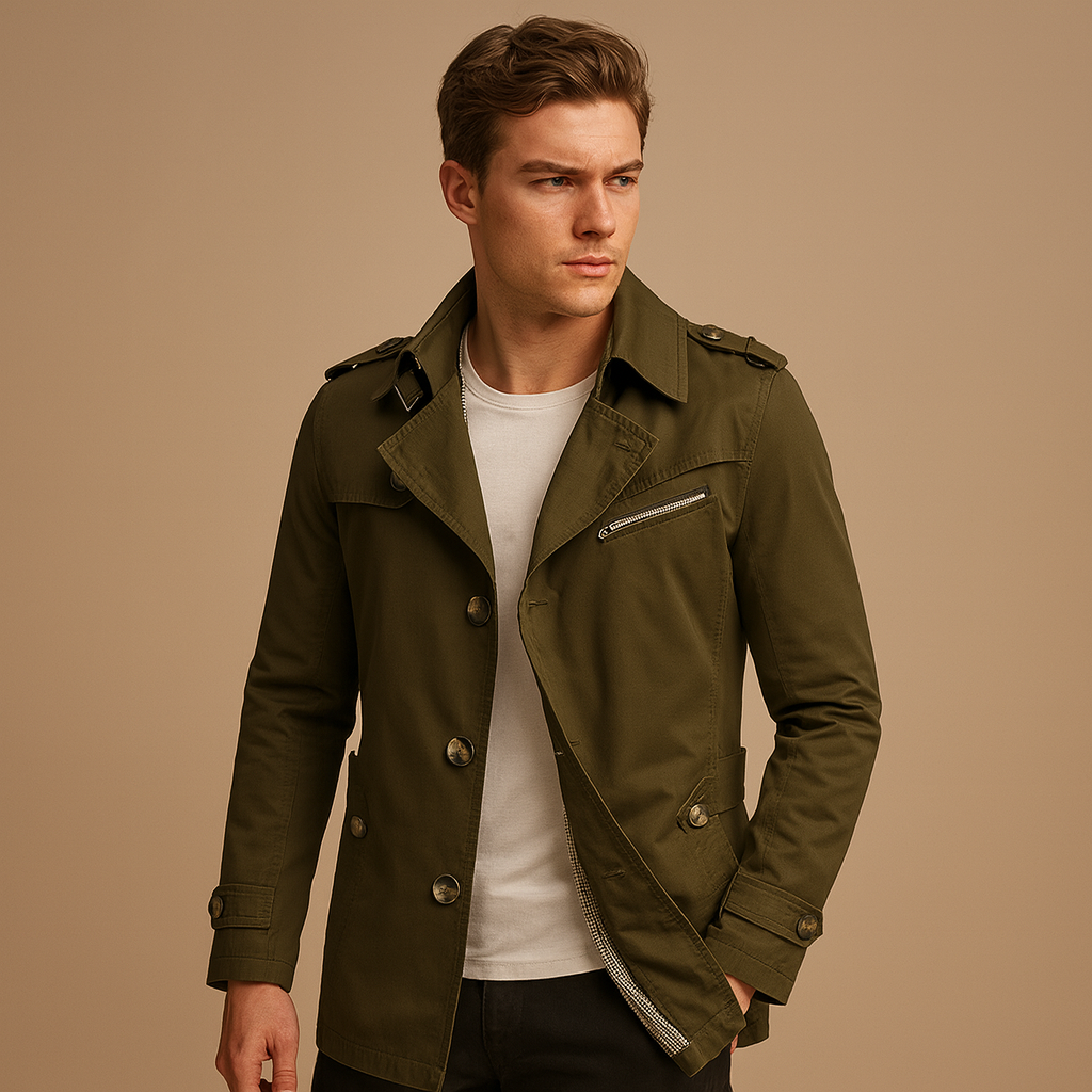 Men’s waterproof trench coat with a classic double-breasted design, perfect for formal, casual, and all-season wear.