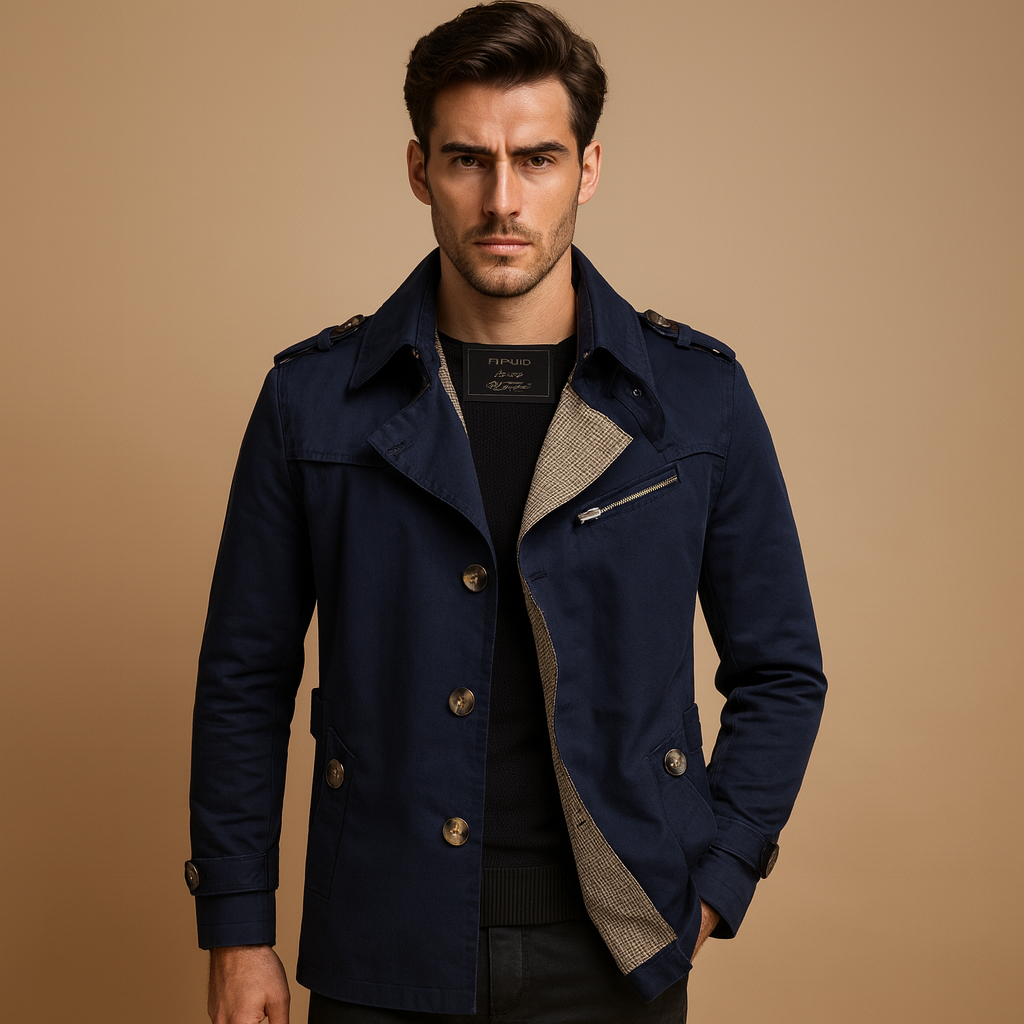 Men’s waterproof trench coat with a classic double-breasted design, perfect for formal, casual, and all-season wear.
