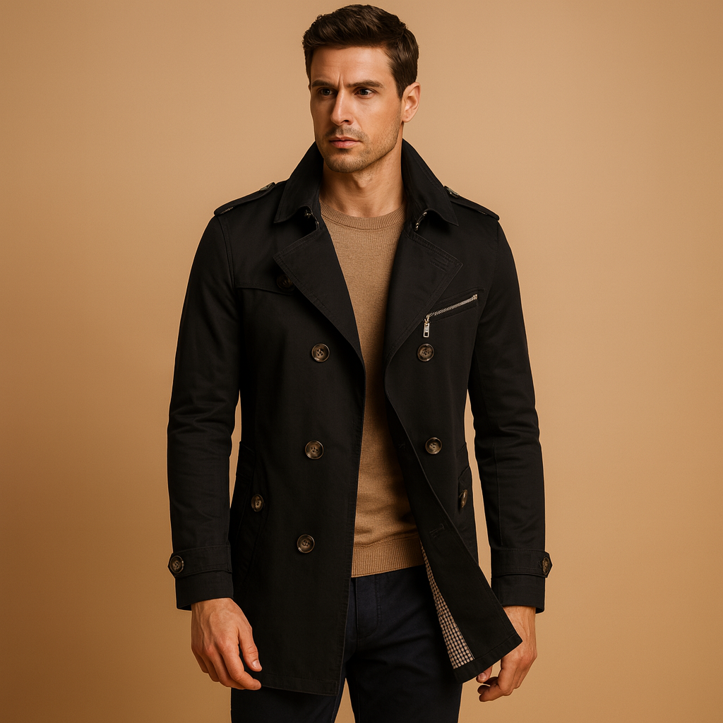 Men’s waterproof trench coat with a classic double-breasted design, perfect for formal, casual, and all-season wear.