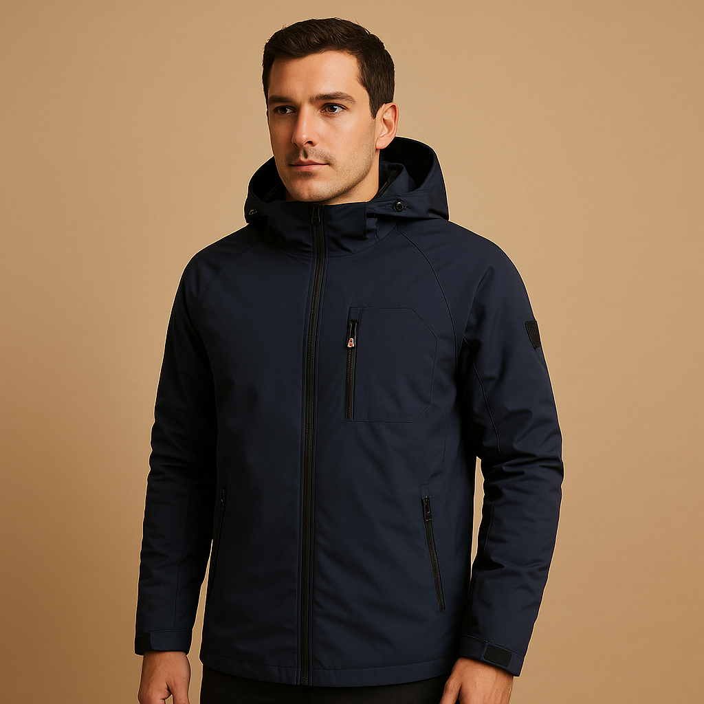 Men’s waterproof and breathable windbreaker with multiple zip pockets, ideal for outdoor activities, sports, and daily use.