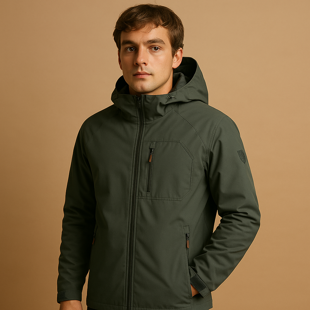 Men’s waterproof and breathable windbreaker with multiple zip pockets, ideal for outdoor activities, sports, and daily use.