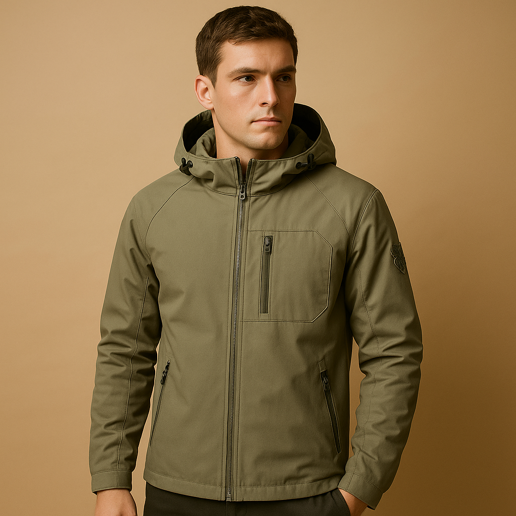 Men’s waterproof and breathable windbreaker with multiple zip pockets, ideal for outdoor activities, sports, and daily use.