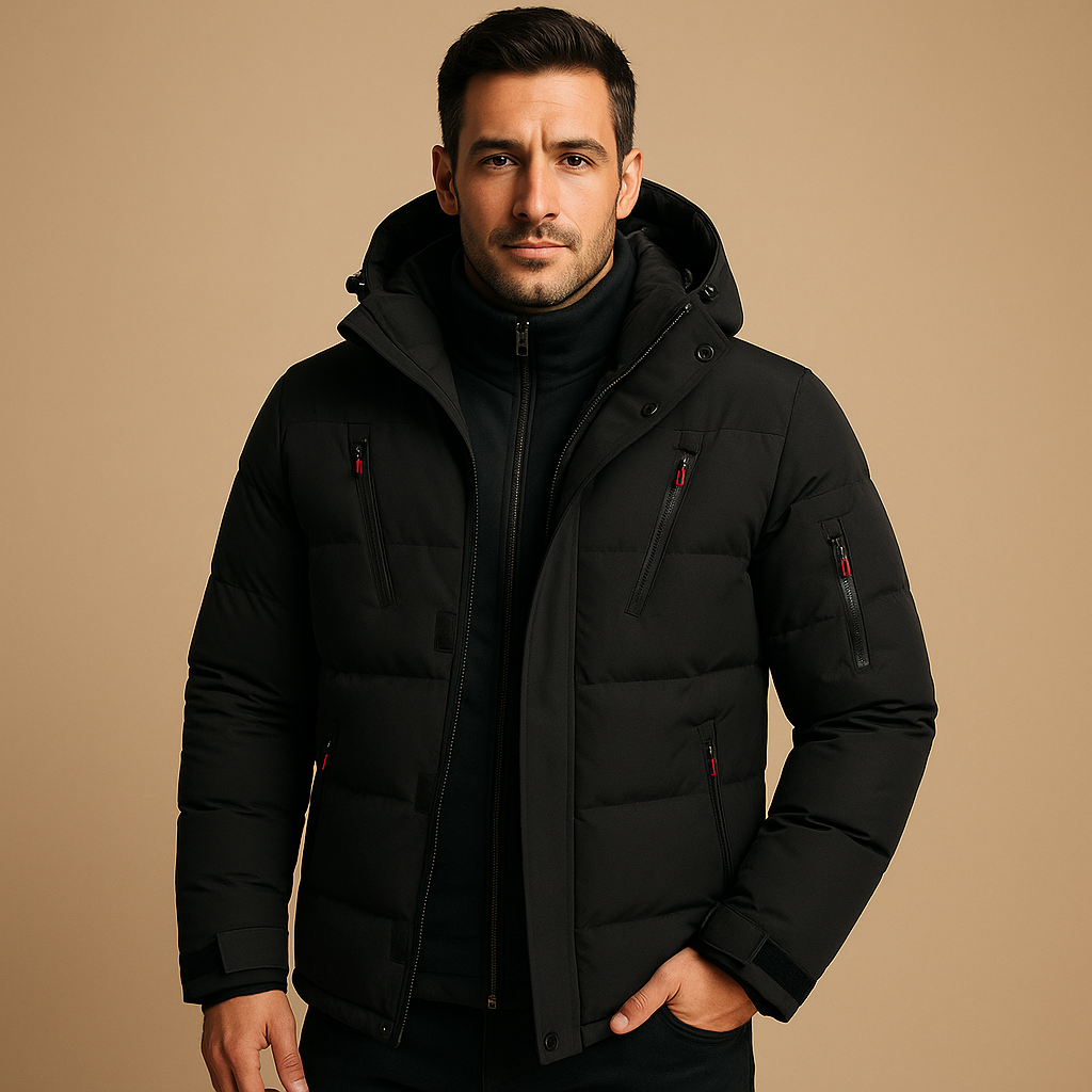Men’s waterproof winter jacket with insulated lining, adjustable hood, and modern fit, perfect for rain, cold, and outdoor use.