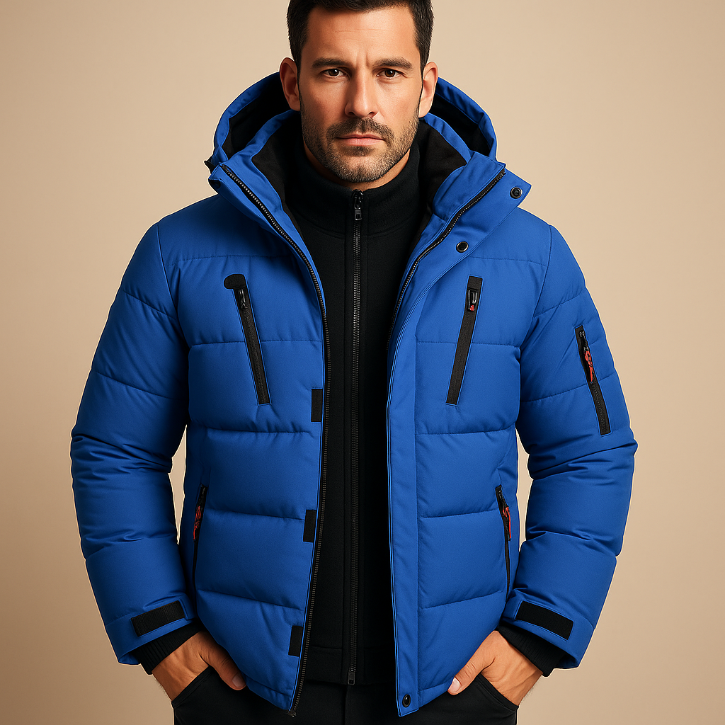 Men’s waterproof winter jacket with insulated lining, adjustable hood, and modern fit, perfect for rain, cold, and outdoor use.