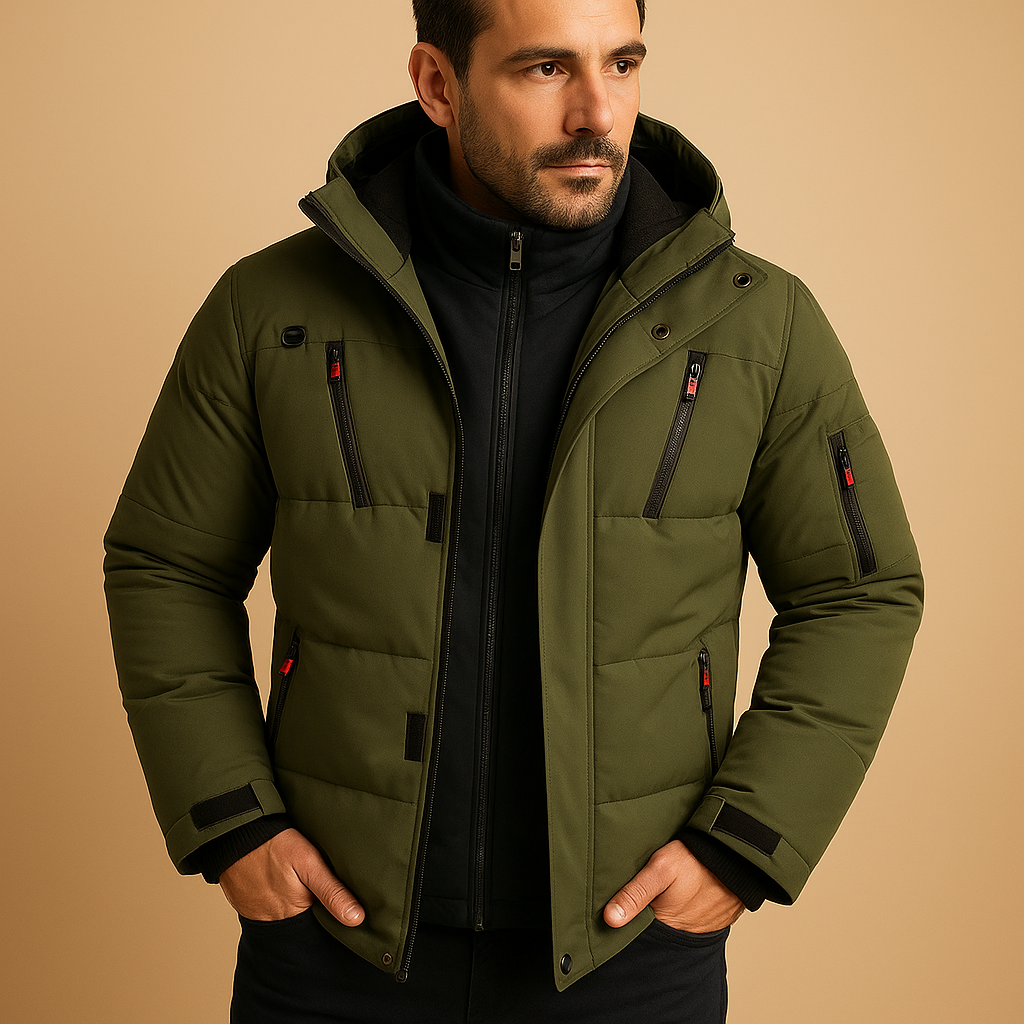 Men’s waterproof winter jacket with insulated lining, adjustable hood, and modern fit, perfect for rain, cold, and outdoor use.
