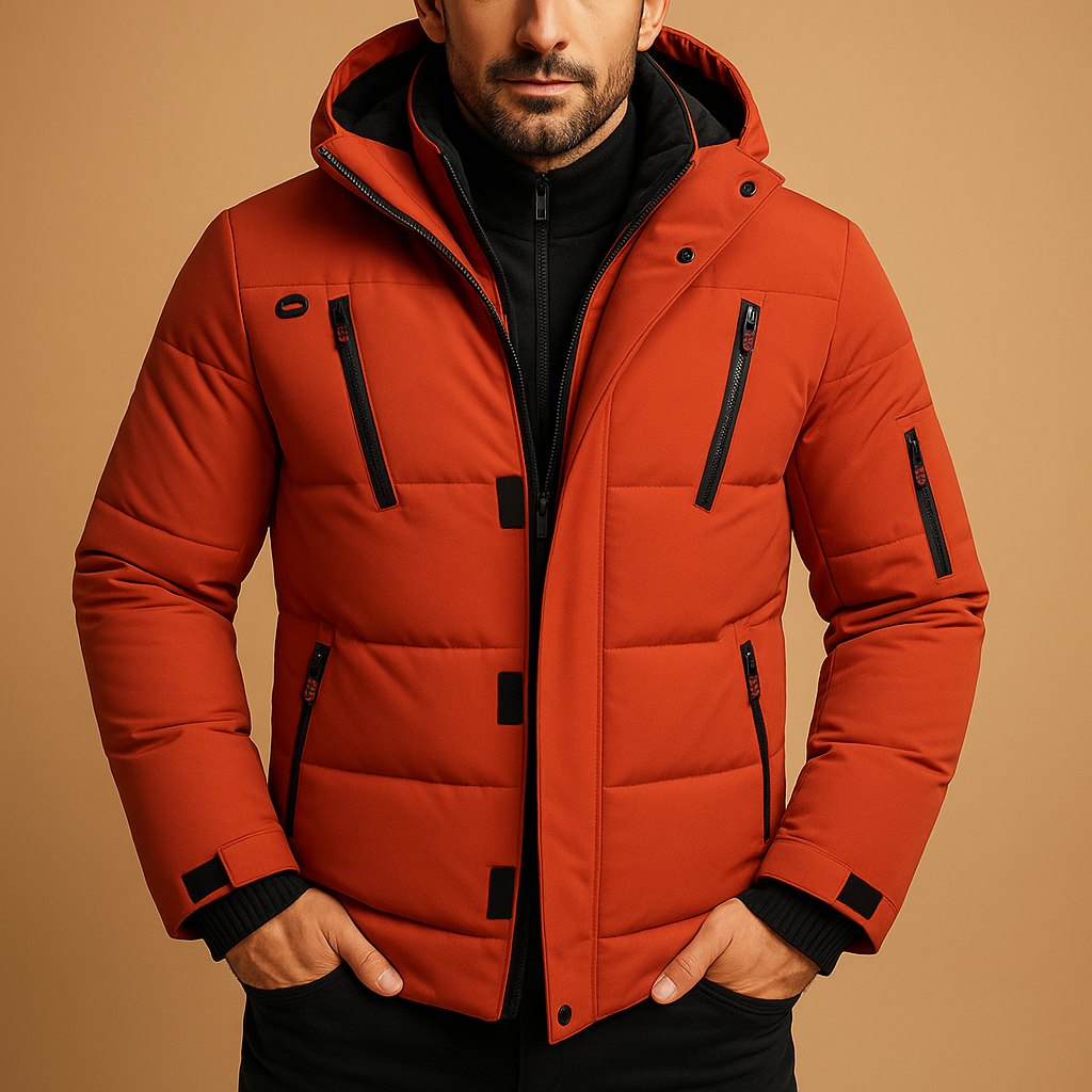 Men’s waterproof winter jacket with insulated lining, adjustable hood, and modern fit, perfect for rain, cold, and outdoor use.