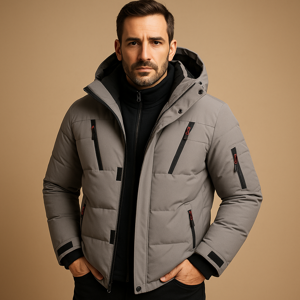 Men’s waterproof winter jacket with insulated lining, adjustable hood, and modern fit, perfect for rain, cold, and outdoor use.