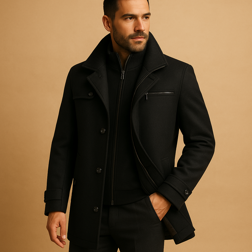 Men’s waterproof winter jacket with adjustable cuffs and functional pockets, ideal for commuting and outdoor winter activities.