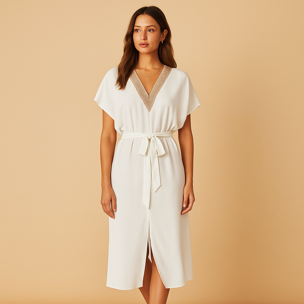 Women’s white midi dress with V-neck and minimalist design, perfect for formal occasions, casual styling, and elegant events.