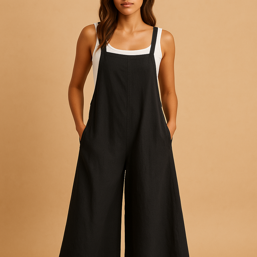 Elegant wide-leg cotton linen jumpsuit for women in neutral tones with a loose fit, ideal for summer days, lounging, or casual outings.