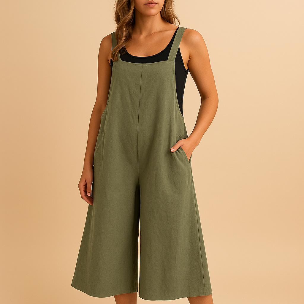 Elegant wide-leg cotton linen jumpsuit for women in neutral tones with a loose fit, ideal for summer days, lounging, or casual outings.