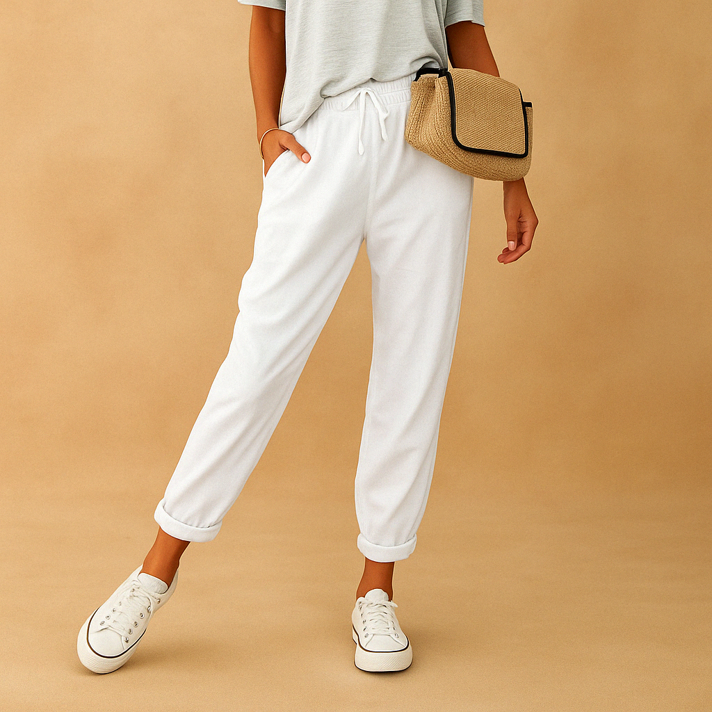 Women’s breathable wide leg pants with a loose airy fit, available in beige, white, green, blue, and black. Perfect for work, leisure, and warm days.