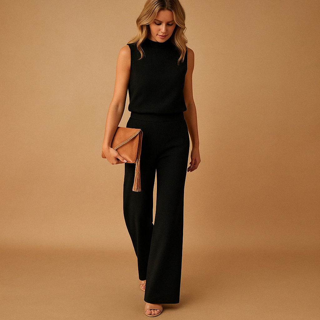 Women’s wide-leg jumpsuit with mid-waist fit and round neckline, ideal for office wear, dinners, and elegant occasions.