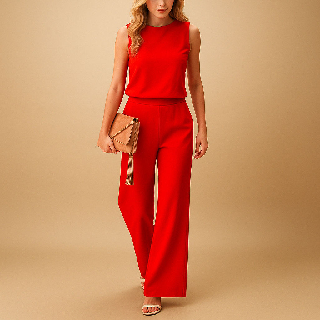 Women’s wide-leg jumpsuit with mid-waist fit and round neckline, ideal for office wear, dinners, and elegant occasions.