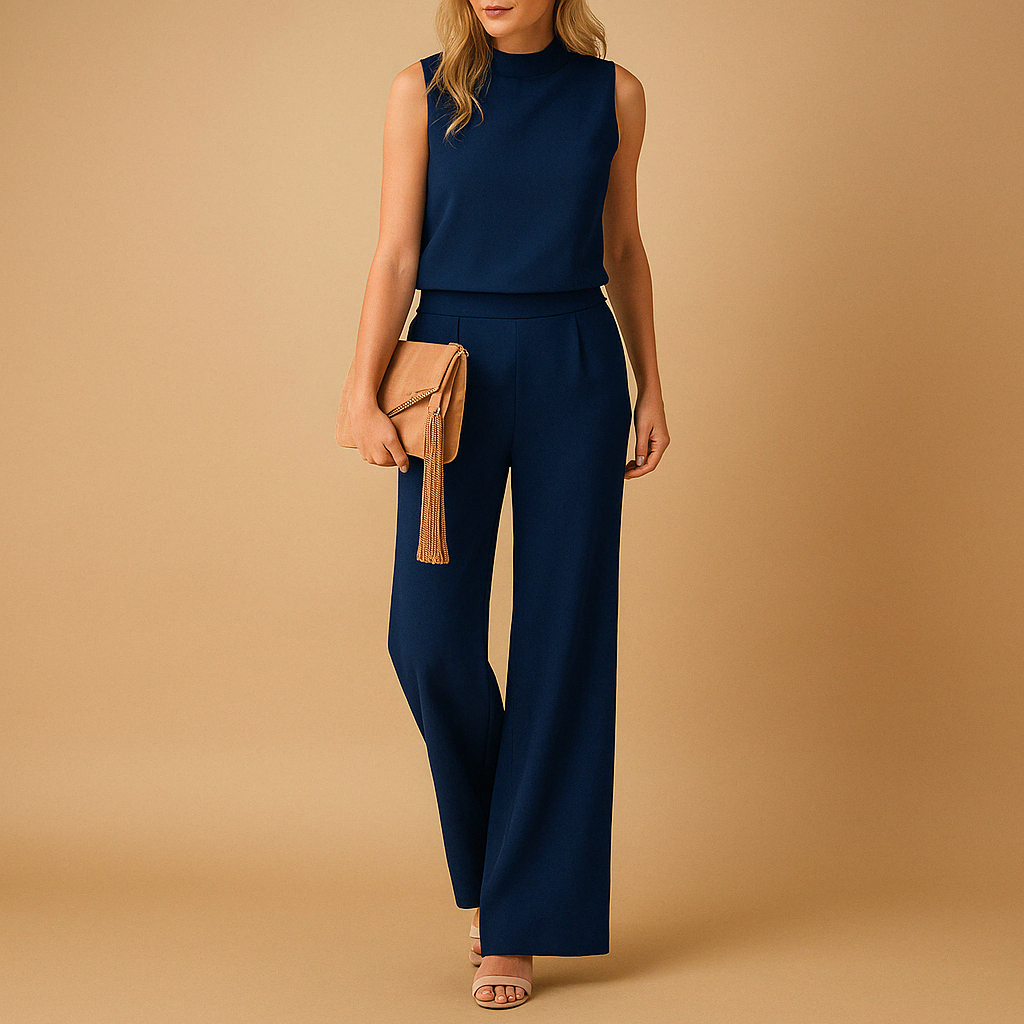 Women’s wide-leg jumpsuit with mid-waist fit and round neckline, ideal for office wear, dinners, and elegant occasions.