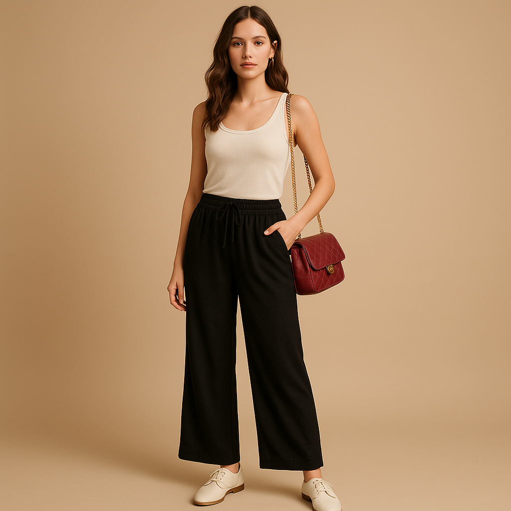 Women’s wide leg summer pants with elastic waistband, available in orange-red, dark brown, green, beige, and black. Lightweight and stylish for warm days.