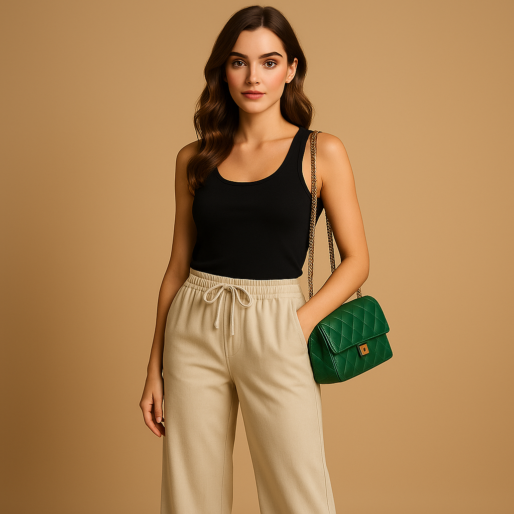 Women’s wide leg summer pants with elastic waistband, available in orange-red, dark brown, green, beige, and black. Lightweight and stylish for warm days.
