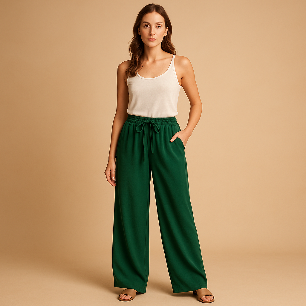 Women’s wide leg summer pants with elastic waistband, available in orange-red, dark brown, green, beige, and black. Lightweight and stylish for warm days.